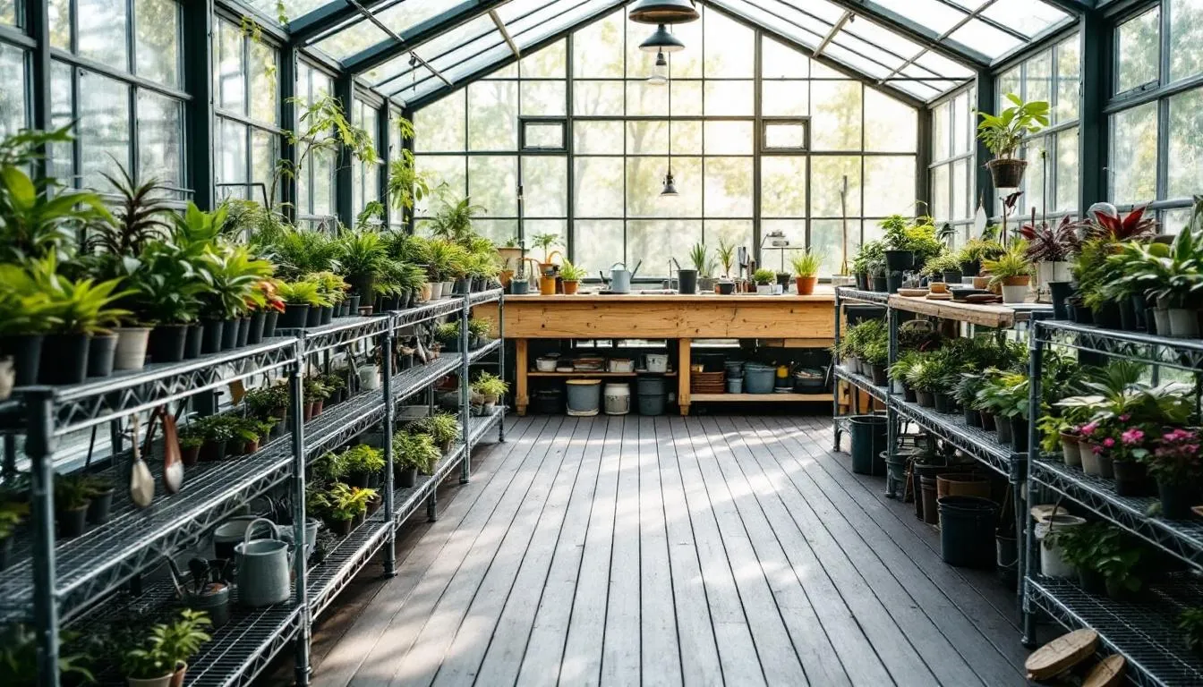 The image depicts the interior of a Halls Cotswold greenhouse, showcasing staging and shelving accessories designed for optimal plant organization. Large roof vents create a bright and airy atmosphere, enhancing the perfect growing space for a variety of plants.
