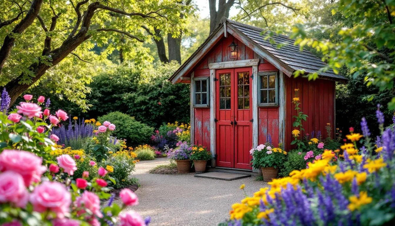 A small wooden shed with double doors stands in a vibrant garden, surrounded by colorful flowers. This garden shed serves as a practical outdoor space for storing gardening equipment and tools, blending seamlessly with the natural elements around it.