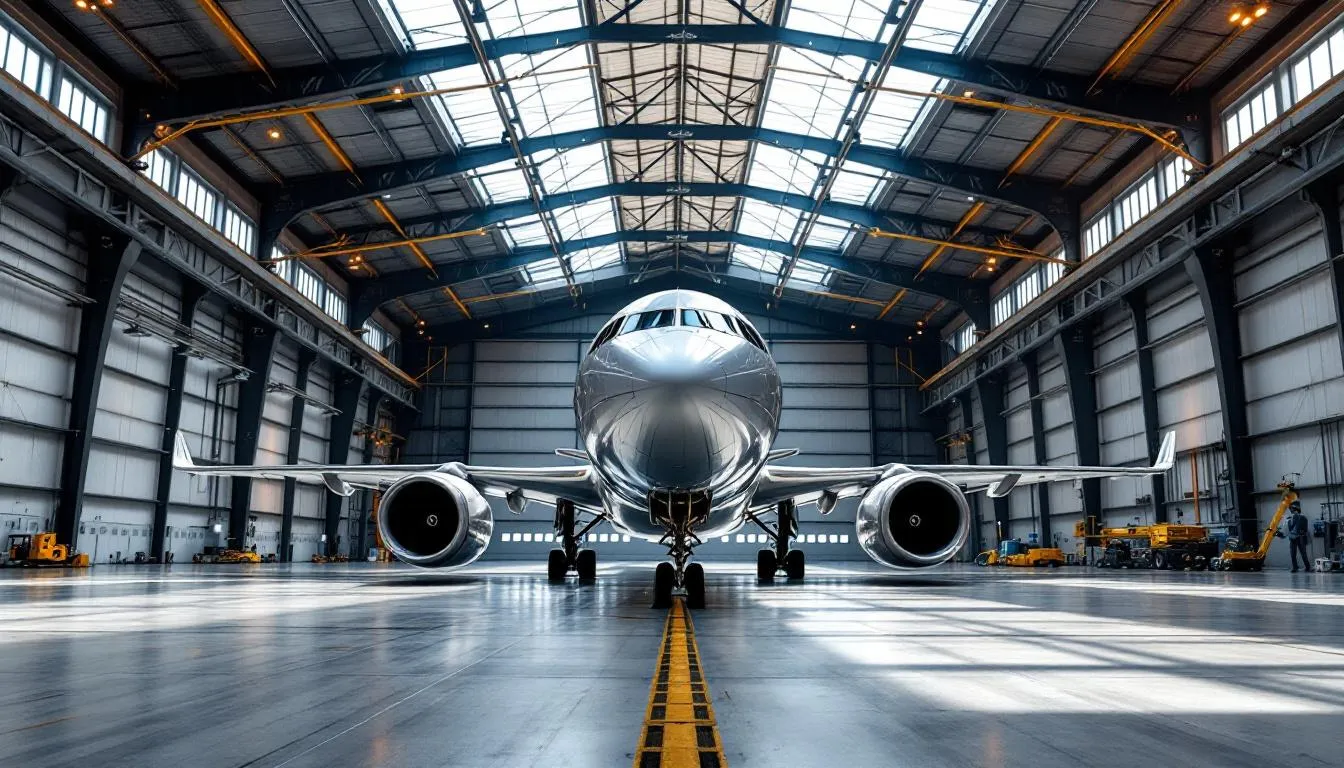 The image shows a large aircraft hangar featuring a massive commercial plane inside, highlighting the impressive clear span structure of the industrial building. The spacious interior is designed to accommodate large aircraft, showcasing the expertise in creating bespoke sheds for aviation needs.