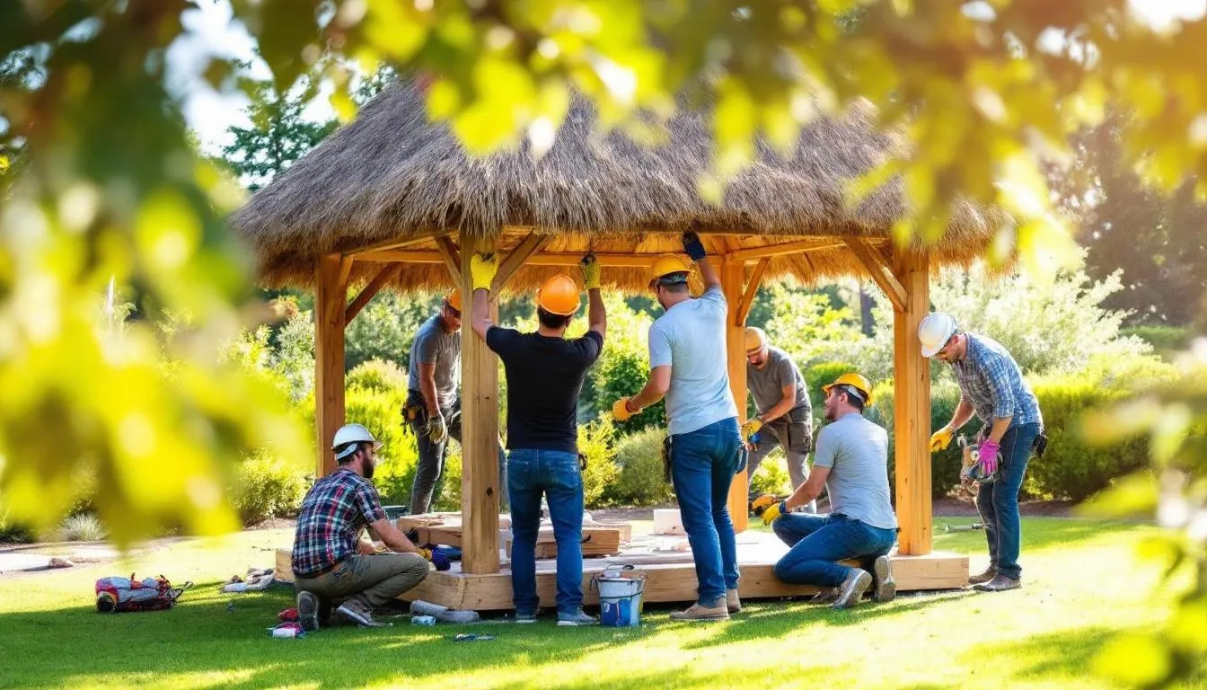 A professional installation team is working diligently on constructing a thatched gazebo, showcasing luxury craftsmanship with cape reed thatch tiles for the roof. This outdoor space is designed to enhance the garden, providing a perfect place for relaxation and entertainment with family and friends.
