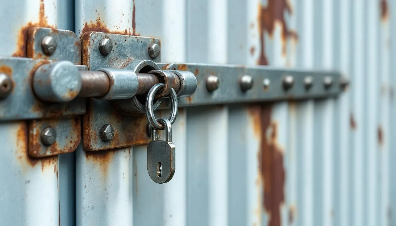 A close-up view of a robust security lock and reinforced door hinges on a metal garden shed, highlighting its durable construction from hot dipped galvanised steel. This design ensures extra security for storing gardening tools and outdoor equipment, making it an ideal choice for protecting belongings in harsh weather conditions.