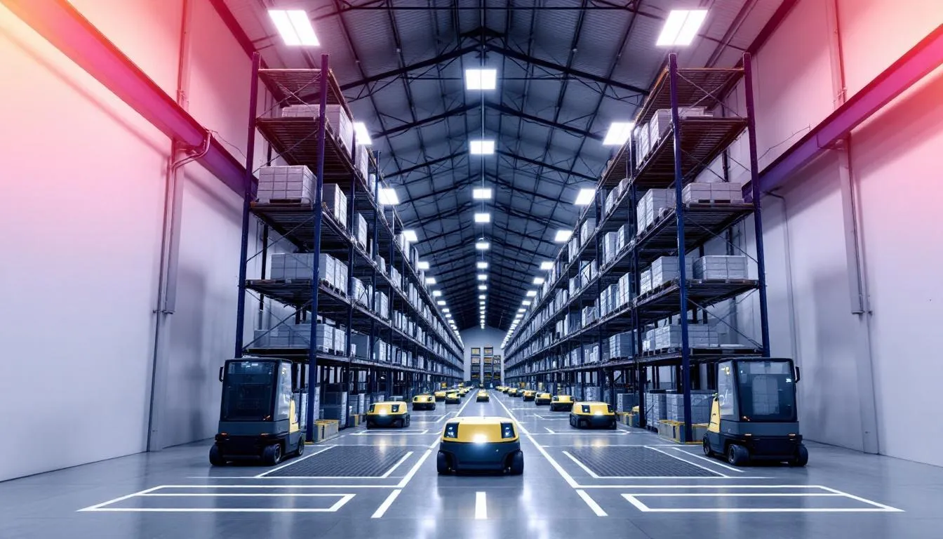 The image depicts the interior of a modern warehouse featuring high-bay storage systems and automated equipment, showcasing an efficient industrial building designed to accommodate various operational needs. The organized layout and advanced technology highlight the professionalism and expertise involved in warehouse manufacturing and storage solutions.