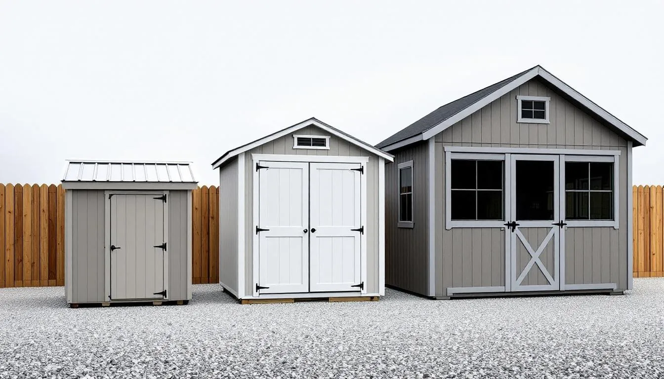 The image displays a variety of tool sheds, ranging from small to large, arranged side by side to highlight their scale differences. Each shed is designed for different storage needs, showcasing options for garden tools, power tools, and equipment in an outdoor space.