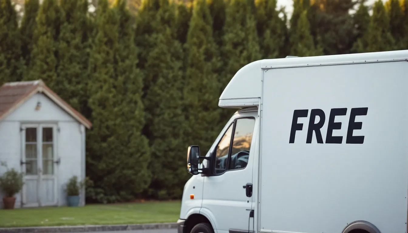 A delivery lorry is parked with a large sign reading "Free" on its side, transporting a new plastic garden shed. The shed is designed for outdoor storage, offering a weather-resistant and low-maintenance solution for keeping gardening equipment and belongings safe.