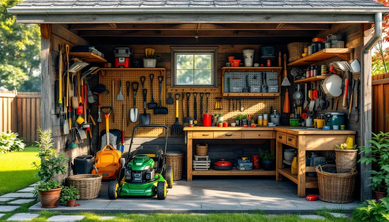 The image depicts a well-organized tool shed featuring various garden tools, lawnmowers, and equipment neatly arranged on shelves and hooks, showcasing an efficient use of limited space. The sturdy design and secure storage options reflect a perfect setup for maintaining an outdoor space.