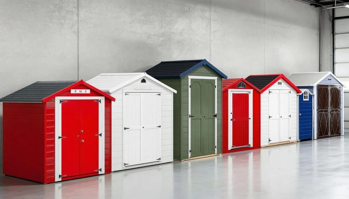 The image showcases a variety of metal garden sheds, featuring different sizes and color options, including small metal sheds and larger models. Each shed is designed with durable hot dipped galvanised steel, offering long-lasting protection for garden tools and outdoor equipment.