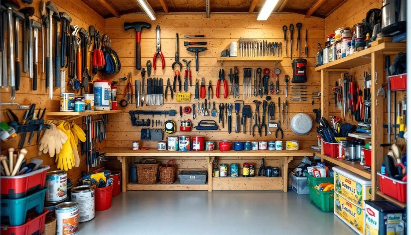 The image depicts a perfectly organized tool shed interior featuring labeled zones for easy identification, wall-mounted power tools, and well-arranged shelving systems for storing hand tools and garden equipment. This small shed emphasizes a stable foundation and efficient use of limited space, making it an ideal workshop for maintenance and outdoor projects.