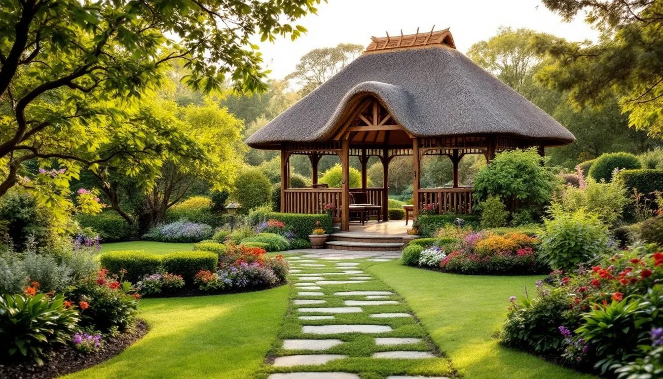 A beautifully handcrafted thatched gazebo with a cape reed roof sits elegantly in a landscaped garden, providing a perfect outdoor space for relaxation and entertaining guests. The open sides allow for an unobstructed view of nature, enhancing the beauty and functionality of this luxurious garden building.
