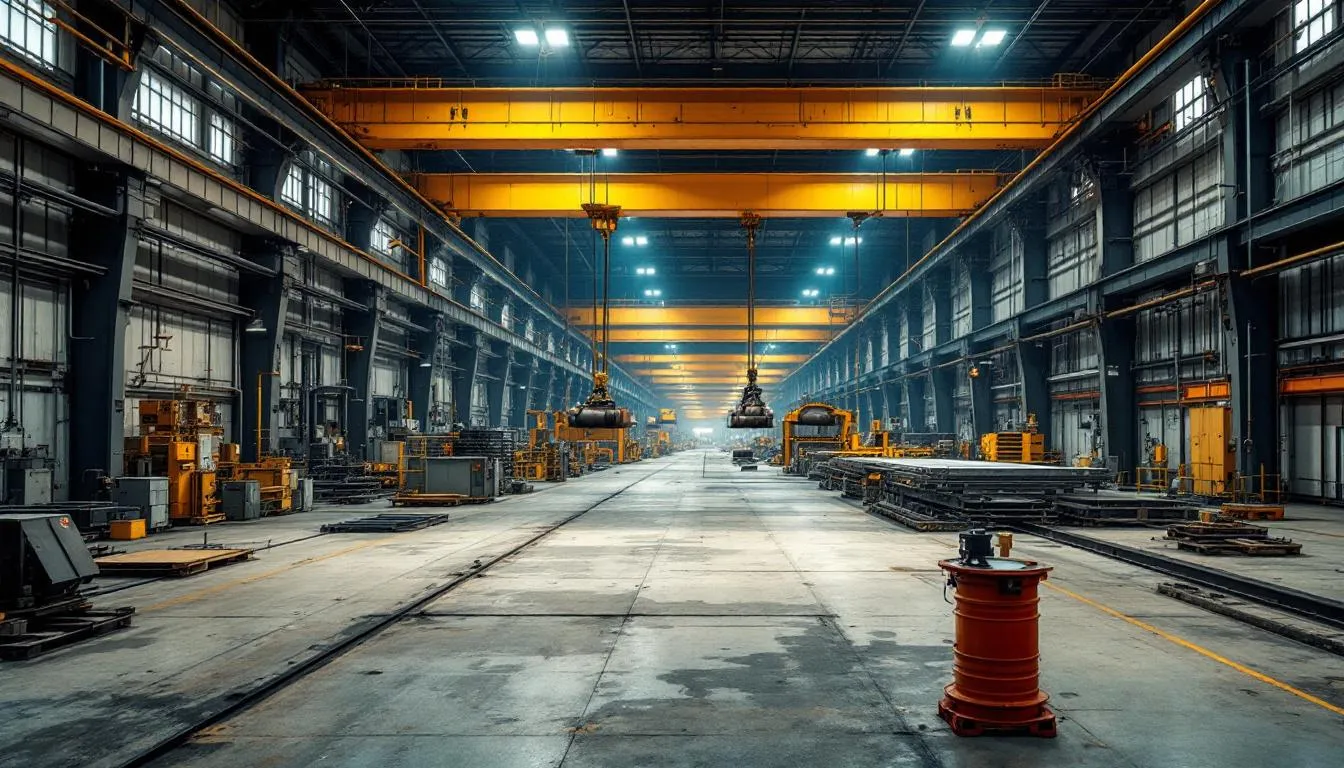The image depicts the interior of a manufacturing facility featuring overhead cranes and various industrial equipment, showcasing a highly efficient workspace designed to accommodate large-scale projects. The structure is well-organized, with clear pathways for movement and access to tools and machinery essential for production.