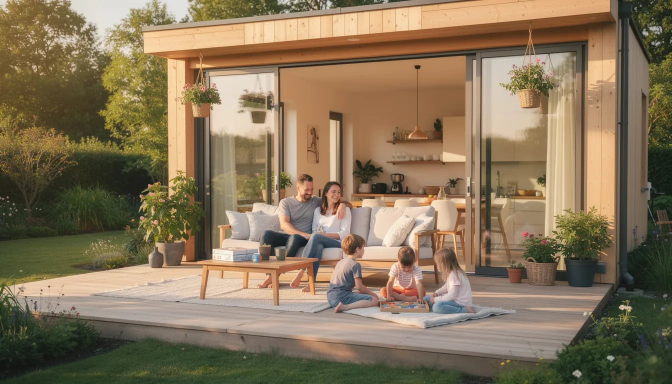 A happy family is enjoying their time together in a bespoke summer house, surrounded by a beautifully designed garden space. The contemporary style of the large summer house features large windows and sliding doors, creating a perfect outdoor space for relaxation and alfresco dining.