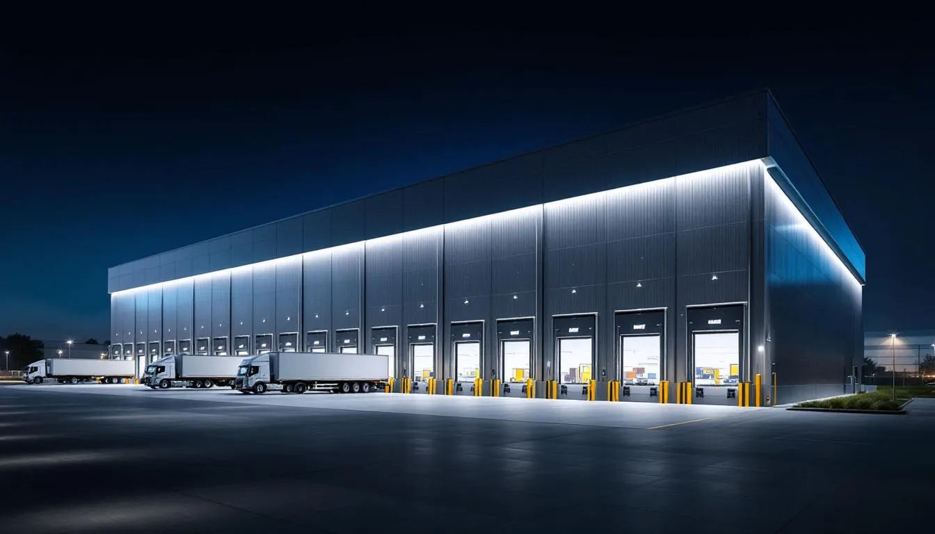The image depicts a large modern industrial warehouse featuring a robust steel frame construction and multiple loading docks, designed to accommodate various industrial needs. This structure exemplifies quality and efficiency, making it an ideal choice for businesses looking for reliable industrial buildings.