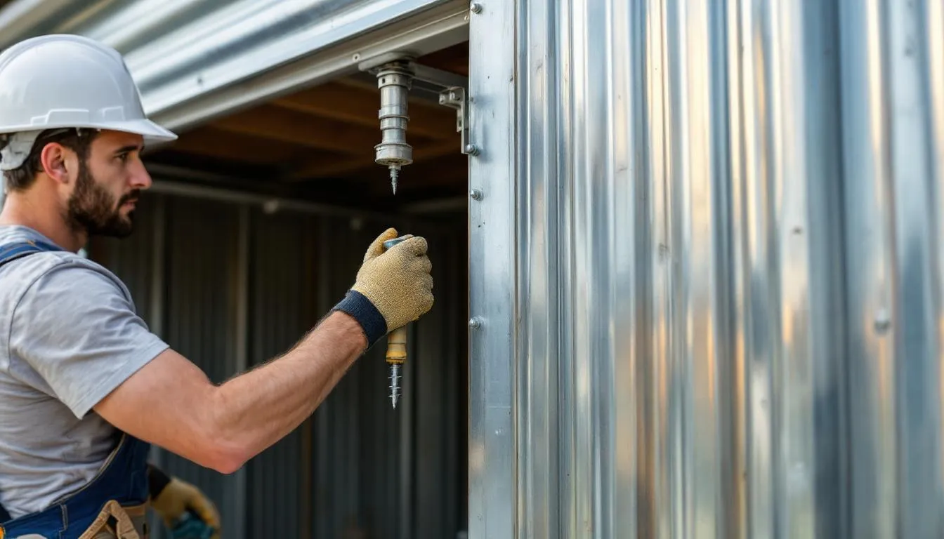 The image depicts the assembly process of tin garden shed panels being connected together, showcasing the durable hot dipped galvanised steel material used in metal garden sheds. Various panels are aligned, highlighting the easy installation features that cater to different storage needs in outdoor spaces.