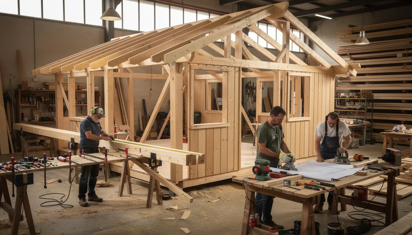 A team of craftsmen is skillfully constructing a bespoke summer house within a workshop, showcasing modern summer house design elements. The scene highlights various features such as large windows and double doors, emphasizing the quality and spaciousness of this outdoor living space.