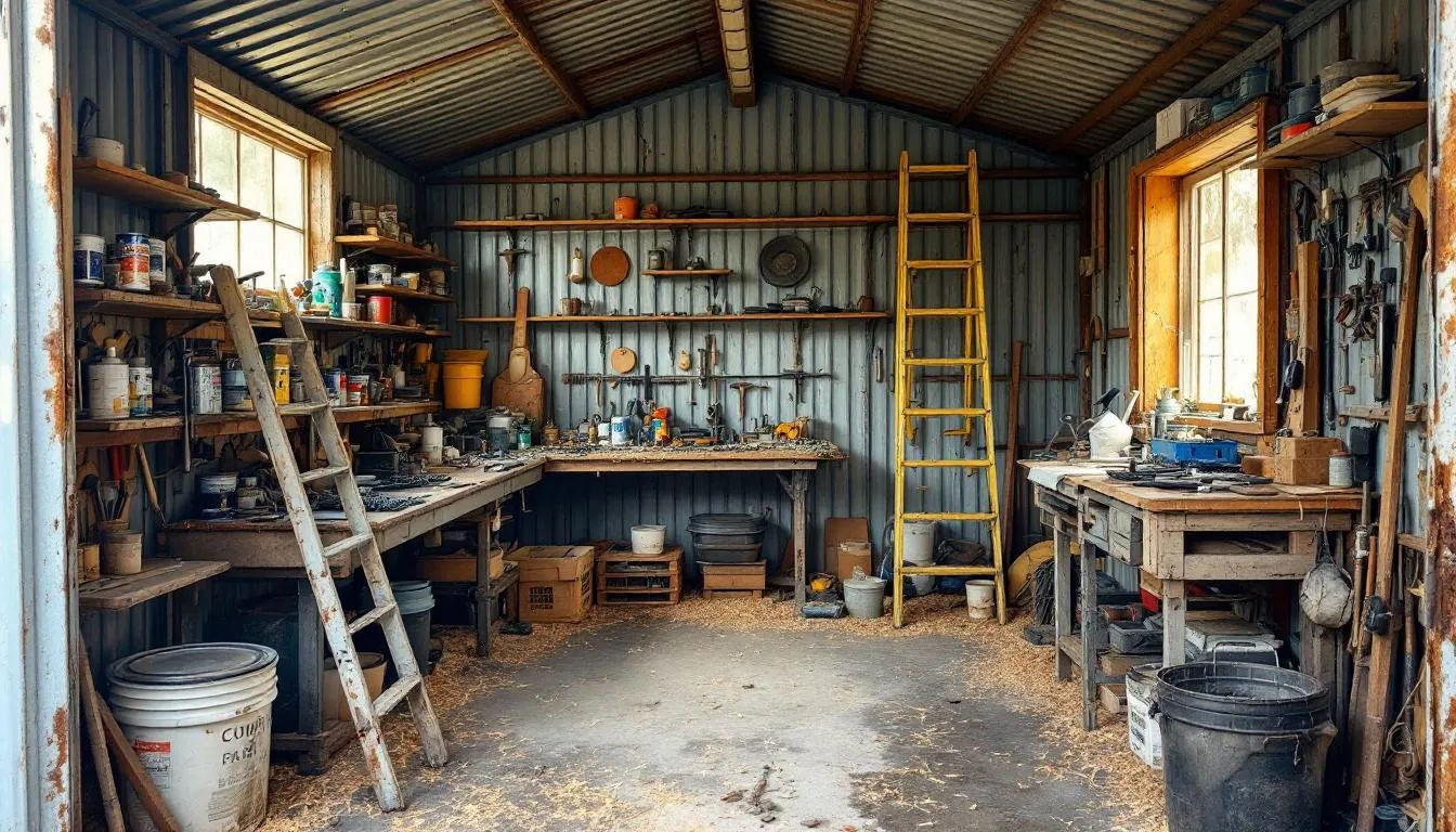 A large tin garden shed serves as a workshop, filled with various garden tools and outdoor equipment. The shed, made of hot dipped galvanised steel, features lockable sliding doors and skylight roof panels, providing durability and protection for storage needs in any outdoor space.