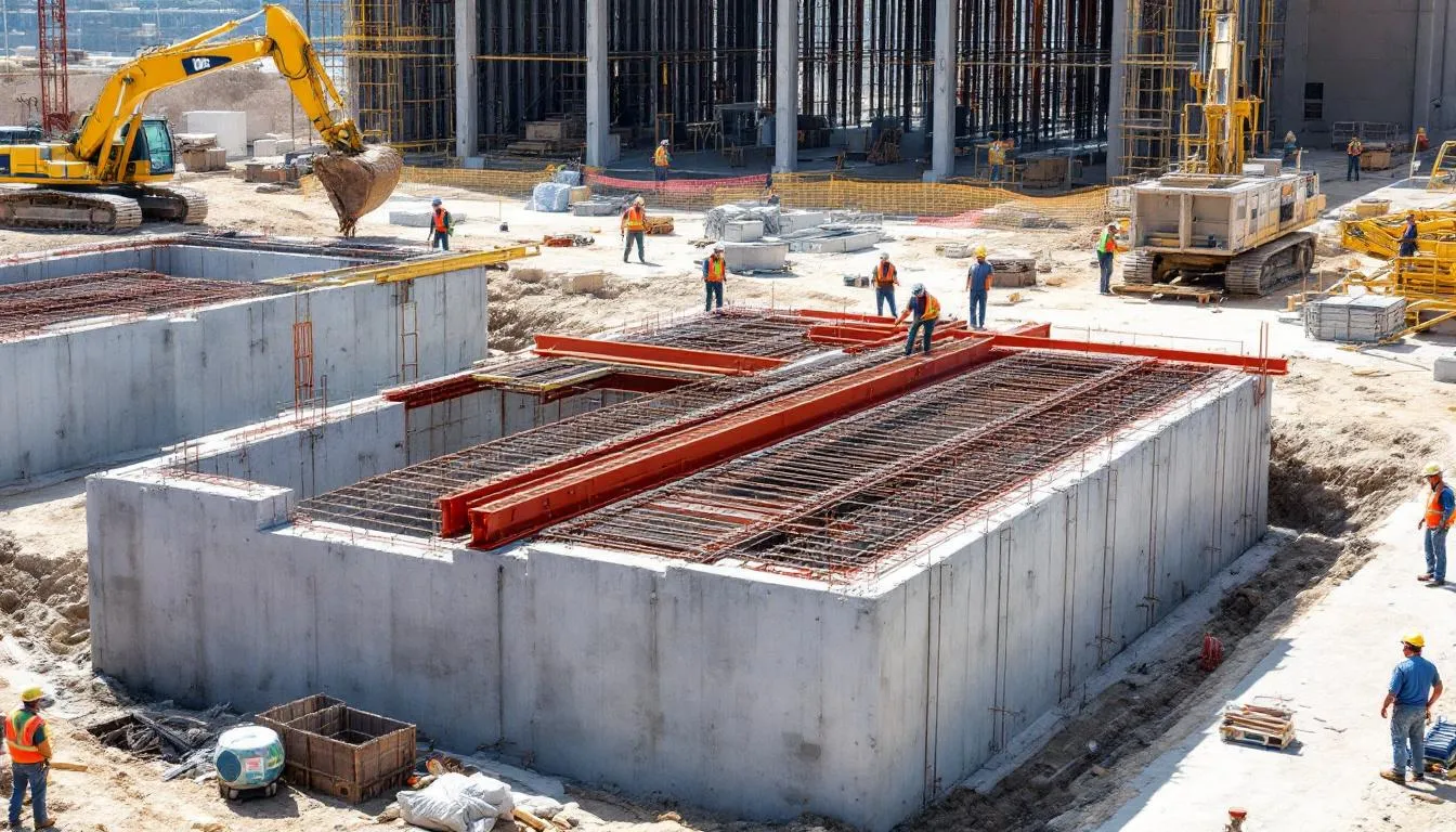 The image depicts a construction site where workers are engaged in foundation work and preparing a steel frame for an industrial building. Various construction equipment is visible, showcasing the progress of the project and the expertise of the team involved.