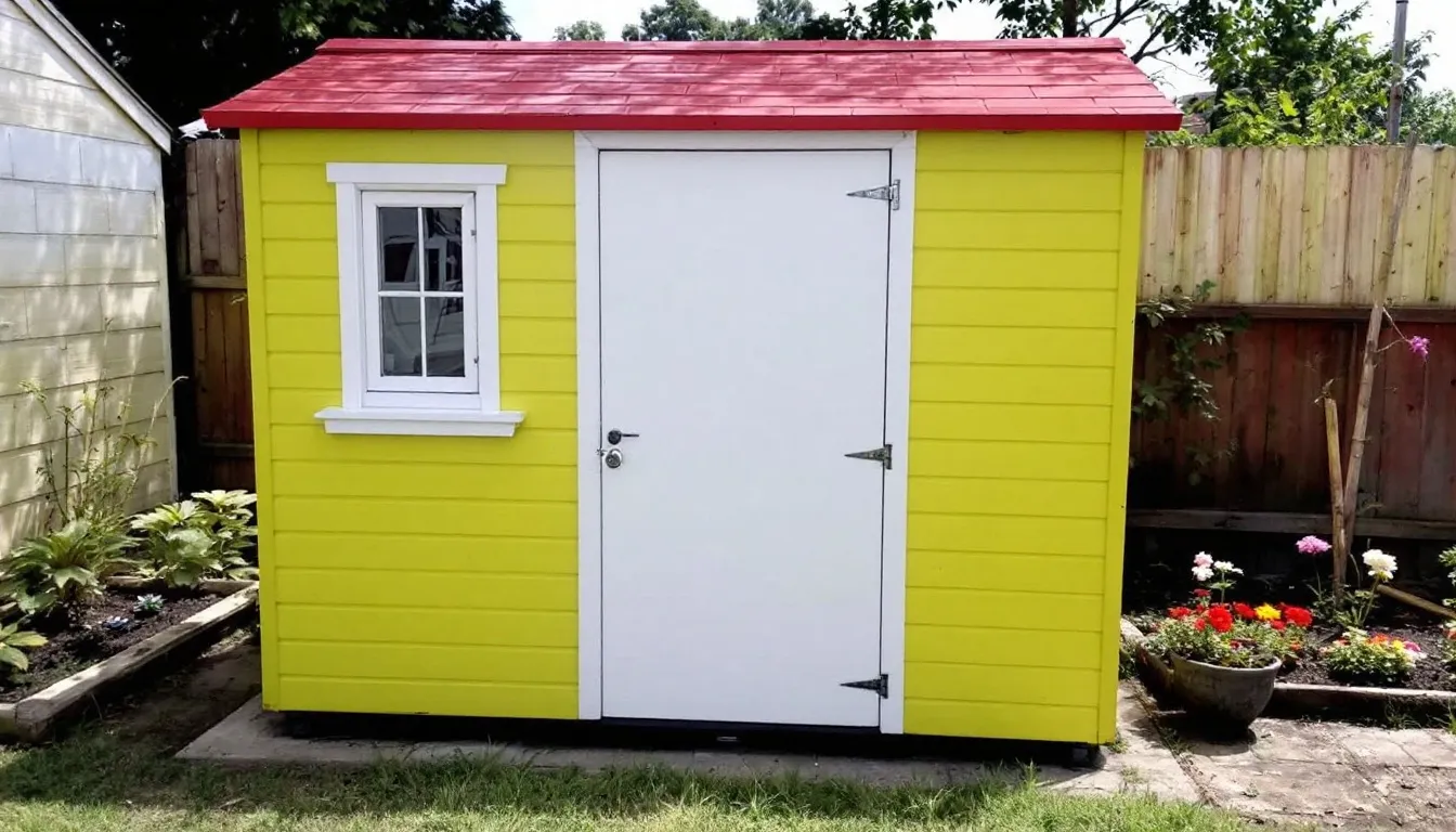 A single-door plastic garden shed with a window on the side is displayed, showcasing its weather-resistant design and low maintenance features. This modern shed provides a practical storage solution for garden tools and equipment, ensuring belongings are safe from various weather conditions.