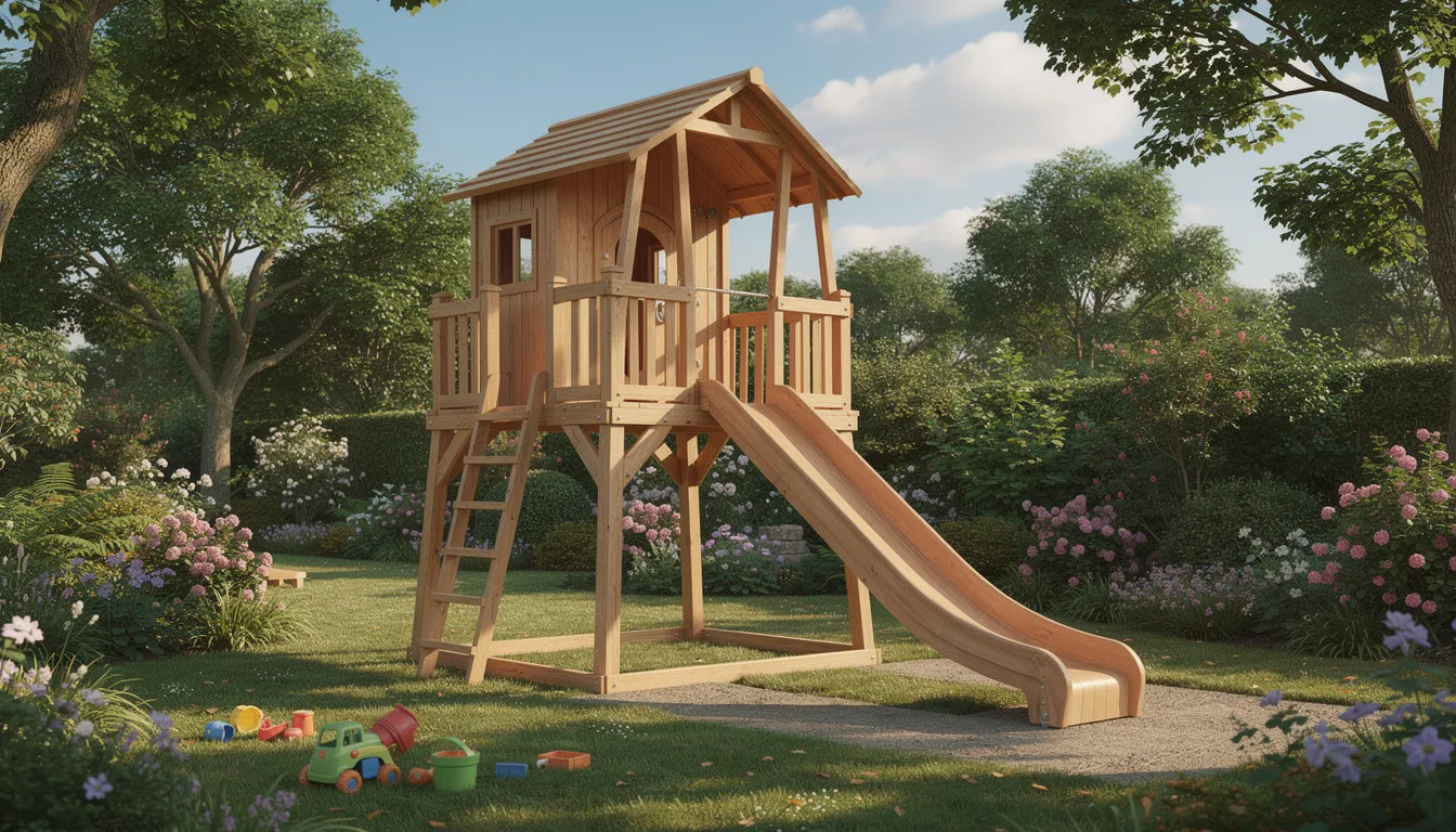 The image features a charming elevated wooden tower playhouse with a slide, set in a lush garden, providing a perfect space for imaginative play. This delightful children's playhouse offers endless adventures for kids, encouraging creativity and exploration in their own garden.