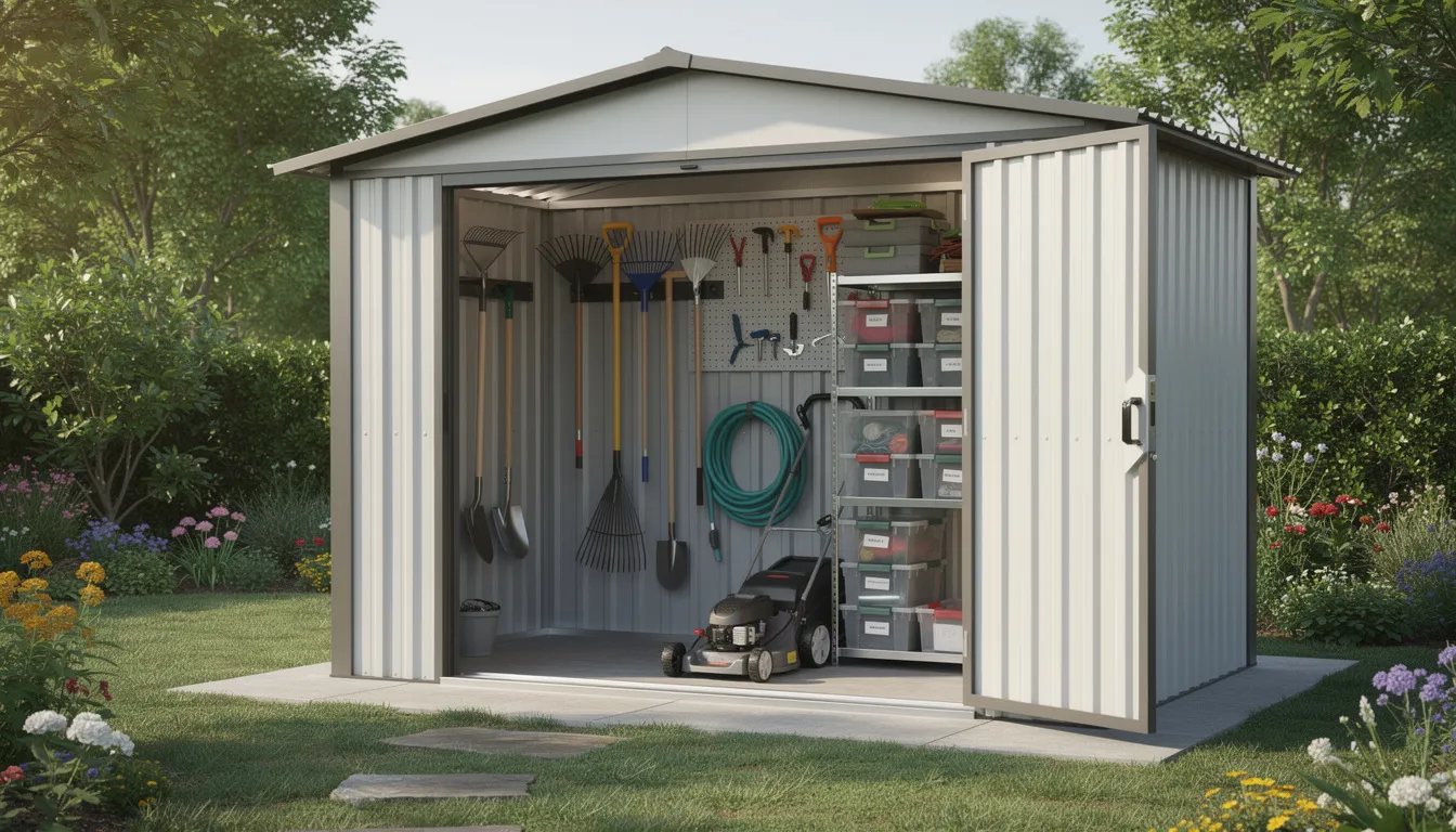The image depicts a dark grey metal shed in a garden setting, featuring double sliding doors for easy access and a well-organized interior for storing valuable tools and garden equipment. Made from hot dipped galvanised steel, this highly durable structure offers secure storage with minimal upkeep, ideal for protecting belongings from harsh weather conditions.
