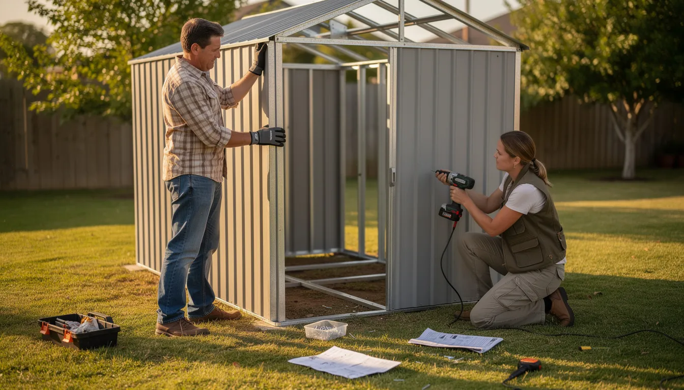 The image shows two people assembling a dark grey metal shed, designed for secure storage of garden equipment and valuable tools. The shed features double sliding doors and is made from hot dipped galvanised steel, ensuring durability and rust proofing for long-lasting use in harsh weather conditions.