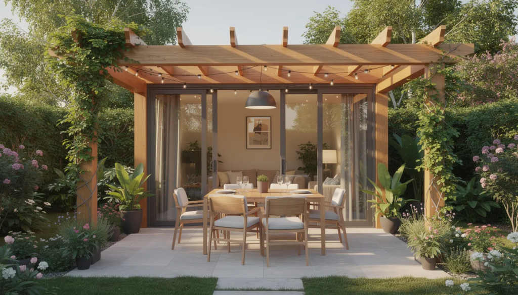 Pergola with sliding glass doors on patio