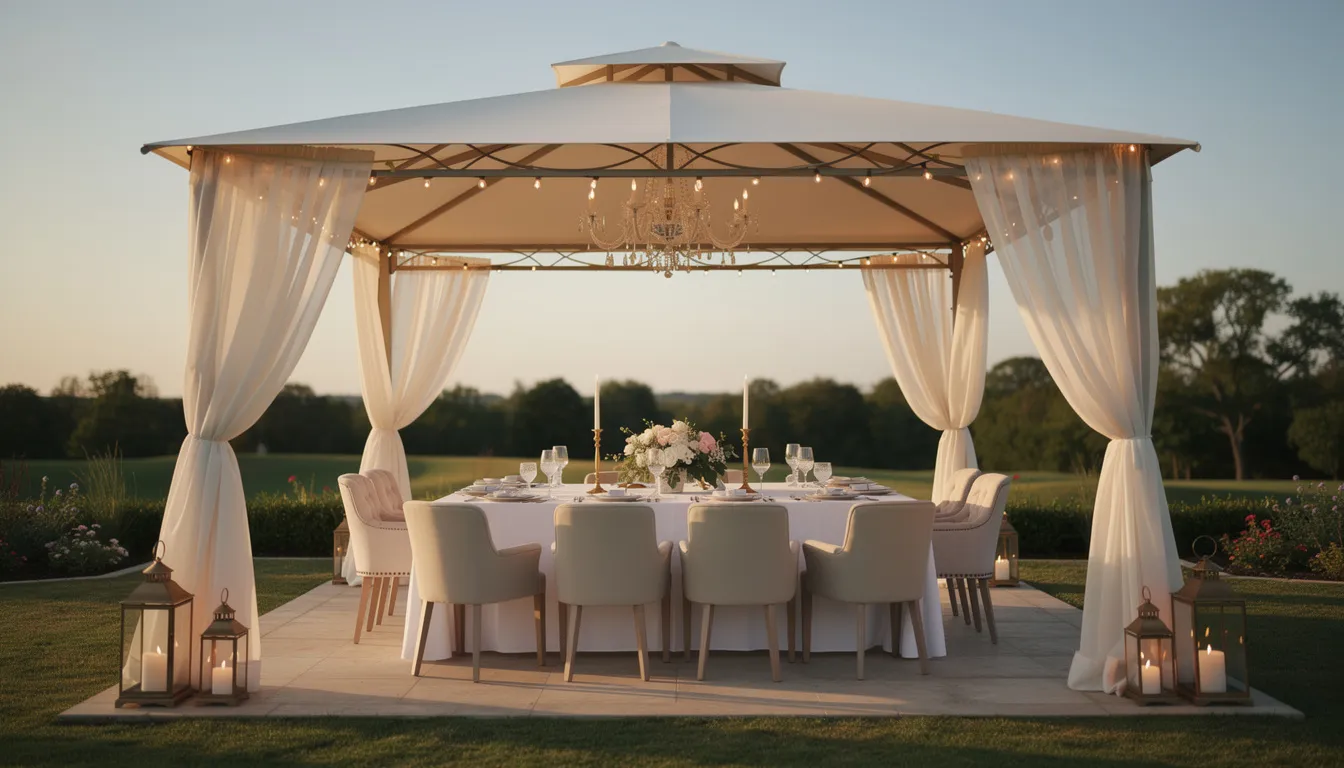 An elegant outdoor dining setup is showcased under a luxury gazebo, featuring a stylish corner sofa, a coffee table, and soft furnishings that create a welcoming space for alfresco dining. The modern design of the wooden gazebo, complemented by fairy lights and side blinds, enhances the outdoor experience while providing weather protection and comfort in the garden.