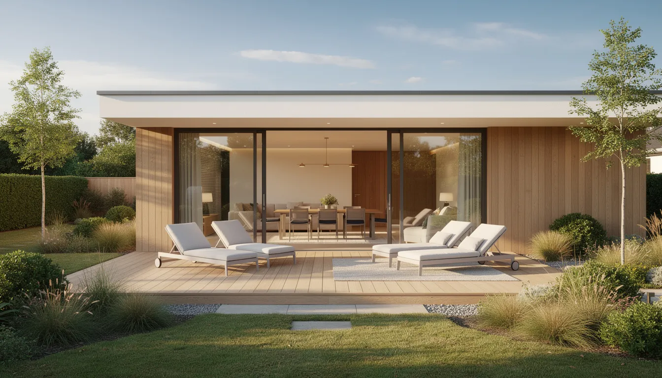 The image showcases a modern luxury summerhouse featuring large glass doors that open onto a spacious garden deck, creating a seamless connection between indoor and outdoor living spaces. Surrounded by lush greenery, this contemporary summerhouse offers an ideal setting for alfresco dining and year-round enjoyment.