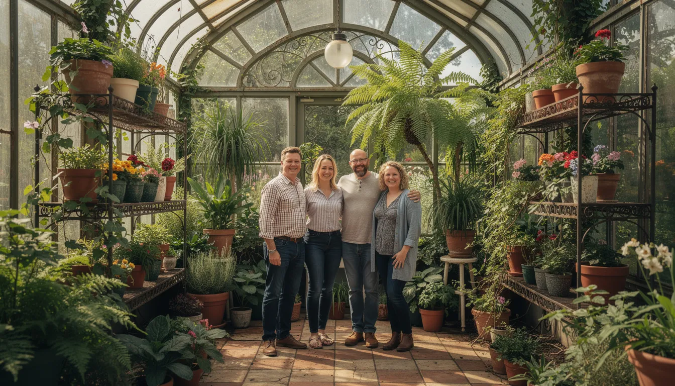 The image depicts happy customers inside their spacious Victorian greenhouse, surrounded by a vibrant collection of thriving plants and flowers. The glasshouse features a steep roof pitch and is constructed with timber and glass, creating an ideal environment for gardening enthusiasts to enjoy their hobby.