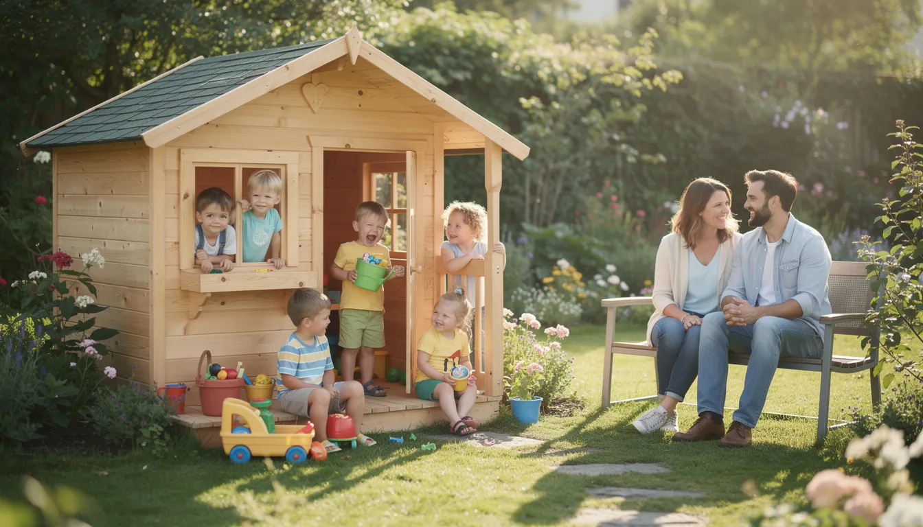 The image depicts children joyfully playing in a wooden garden playhouse, surrounded by their parents who watch nearby, capturing the essence of imaginative play and outdoor fun. This vibrant scene highlights the excitement and creativity that kids experience in their own garden, showcasing the perfect space for endless adventures.