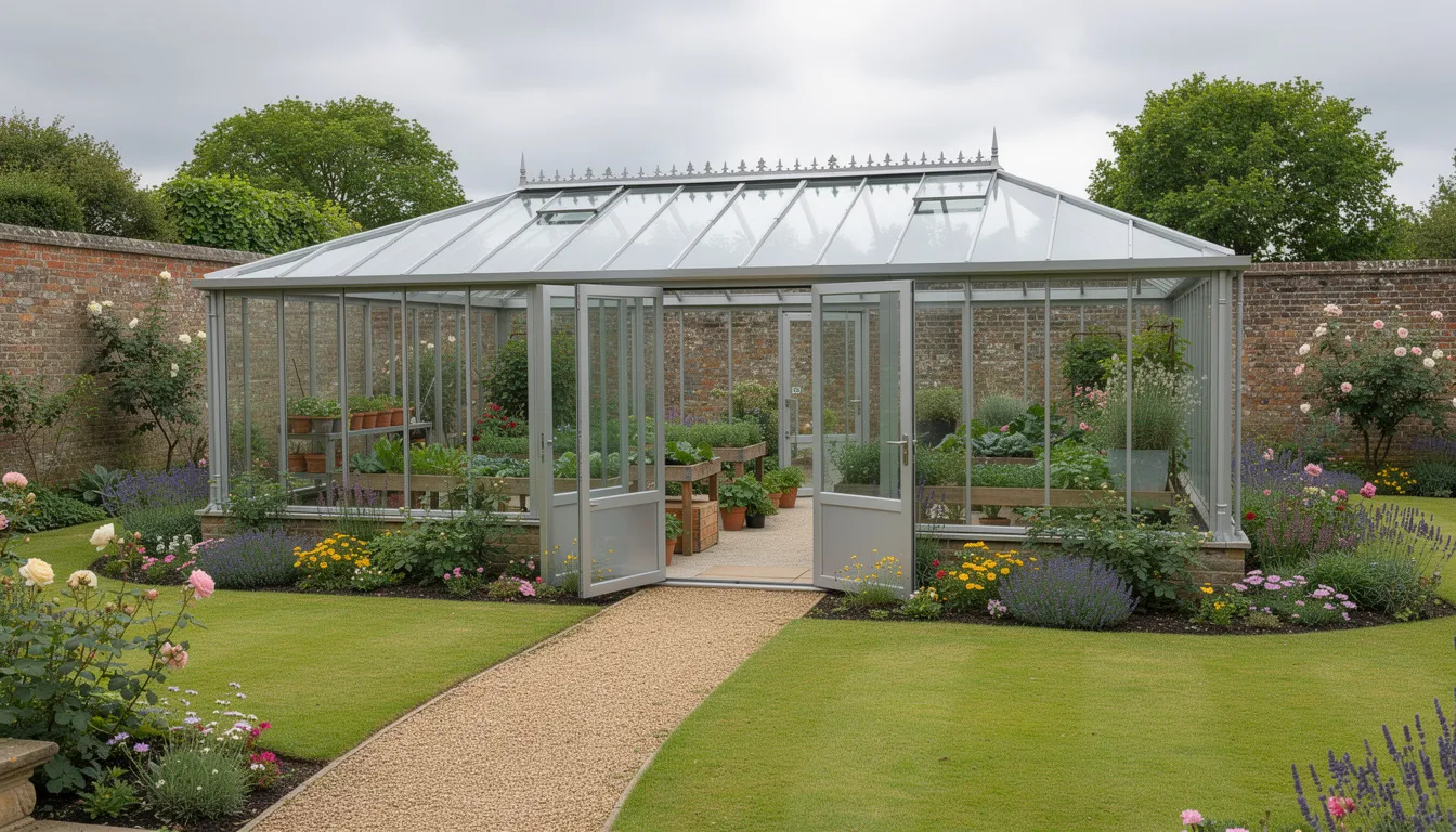 The image showcases a large Halls Magnum greenhouse with double sliding doors, made of toughened safety glass and featuring polycarbonate glazing. It is situated in a well-maintained British garden, surrounded by lush greenery and taller plants, highlighting the beauty of English gardening traditions.