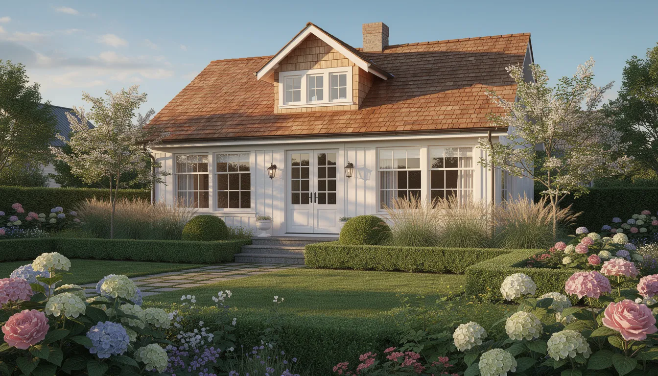 The image depicts an elegant traditional summerhouse featuring a cedar shingle roof, nestled within a beautifully landscaped garden. This luxury summer house offers a serene outdoor space, ideal for relaxation and alfresco dining amidst lush greenery.