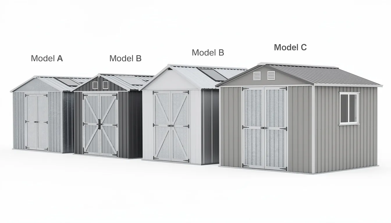 The image showcases various models of metal sheds, highlighting their key features such as double sliding doors, hot dipped galvanised steel construction, and a sleek metallic finish. These durable garden storage solutions are designed for secure storage of gardening tools and outdoor equipment, offering minimal upkeep and protection against harsh weather conditions.
