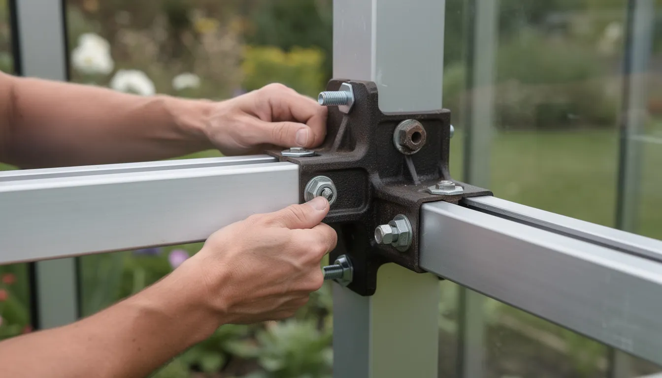 The image shows hands carefully assembling sections of an aluminum greenhouse frame, featuring sturdy cast iron corner joints. The assembly process highlights the quality and durability of the construction, essential for creating a robust structure for growing plants.