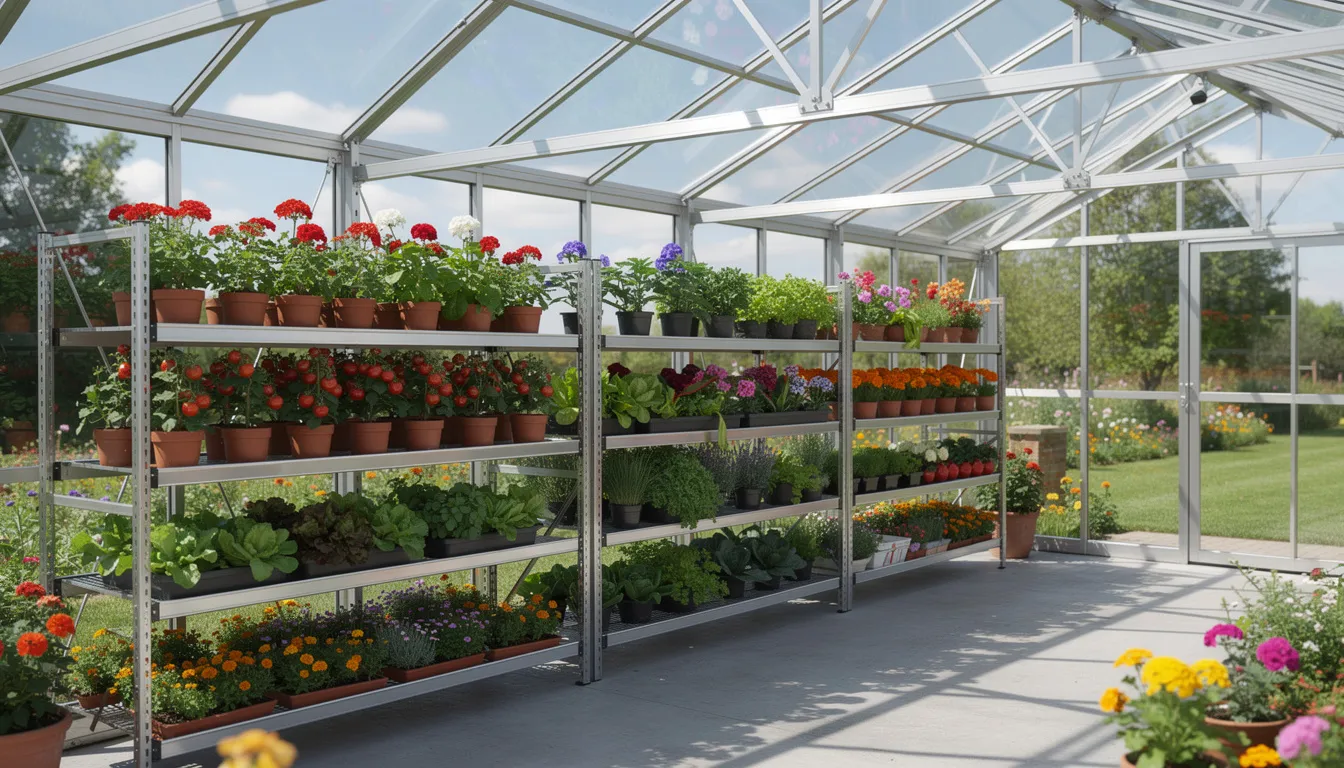 The image depicts a vibrant aluminum greenhouse with double sliding doors, showcasing a variety of vegetables and flowers growing on sturdy staging shelves. The interior features toughened safety glass and polycarbonate glazing, allowing ample light to reach the taller plants while roof vents provide ventilation for optimal growth.