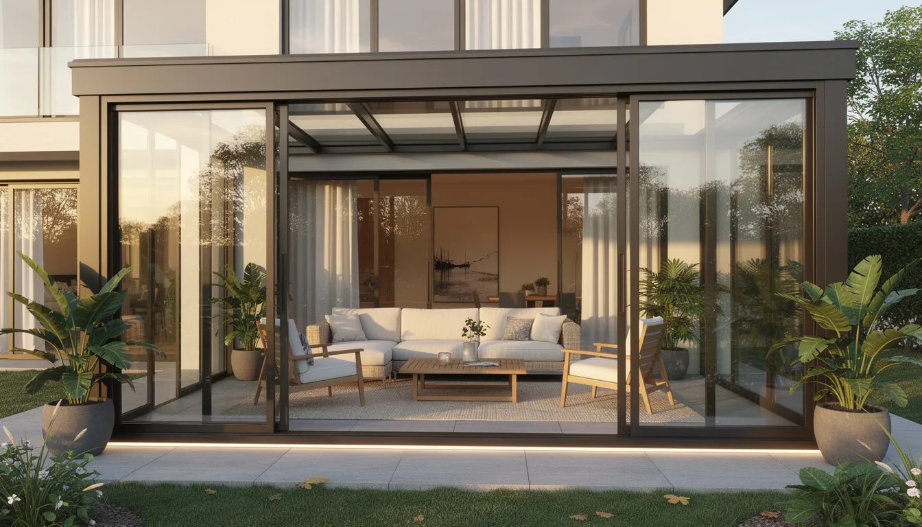 The image features a luxurious glass room canopy with sliding doors, creating an elegant outdoor living space. Stylish outdoor furniture is arranged beneath the canopy, providing a comfortable area for relaxation while being protected from the elements.