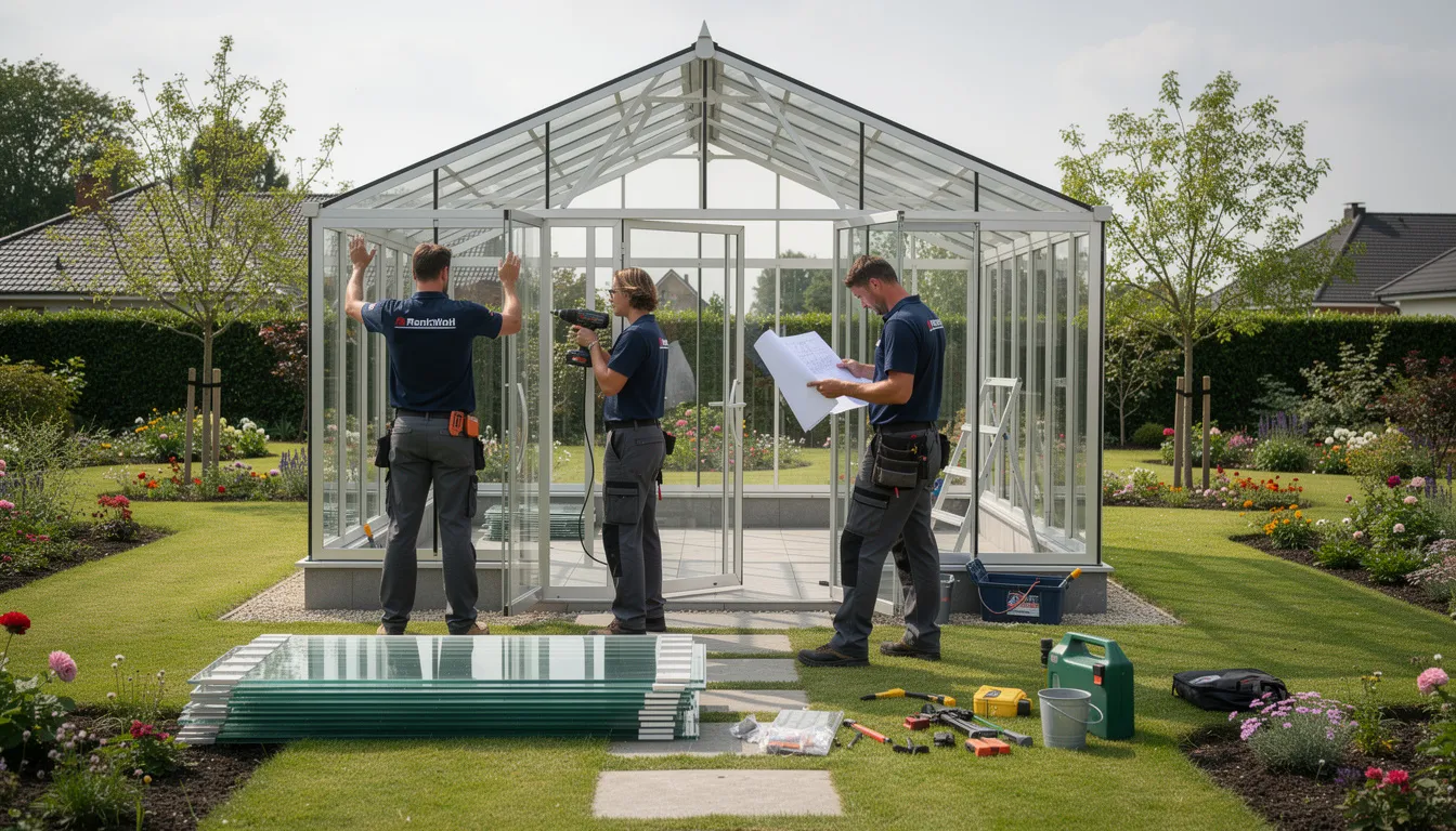 A professional greenhouse installation team is actively working in a garden, carefully constructing a new greenhouse with a steep roof pitch designed for optimal light transmission. Surrounding them are various plants and flowers, showcasing the attractive and practical features of their quality glasshouse construction.