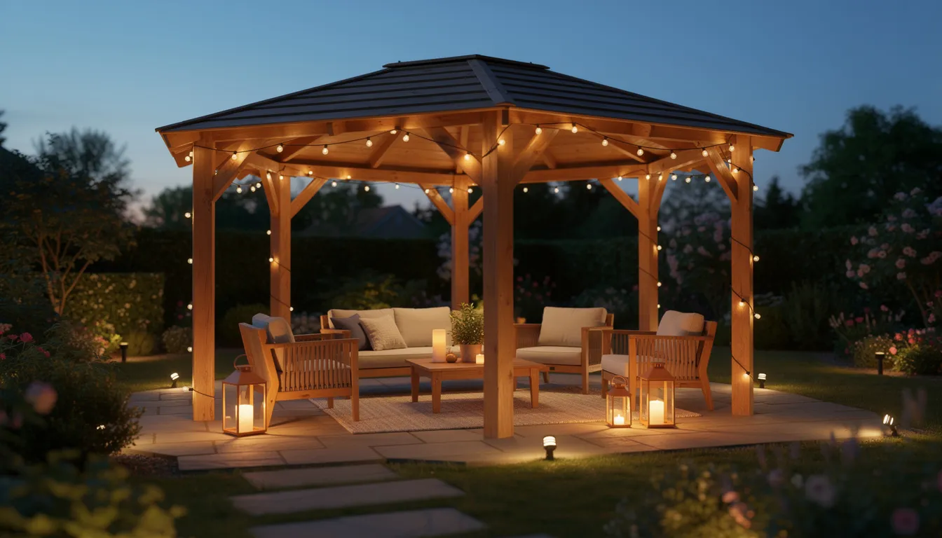 The image features a luxury wooden gazebo set in an inviting outdoor space, furnished with a corner sofa, a coffee table, and soft furnishings, all under a polycarbonate roof. Fairy lights illuminate the area, creating a welcoming atmosphere perfect for alfresco dining and lounging year-round.