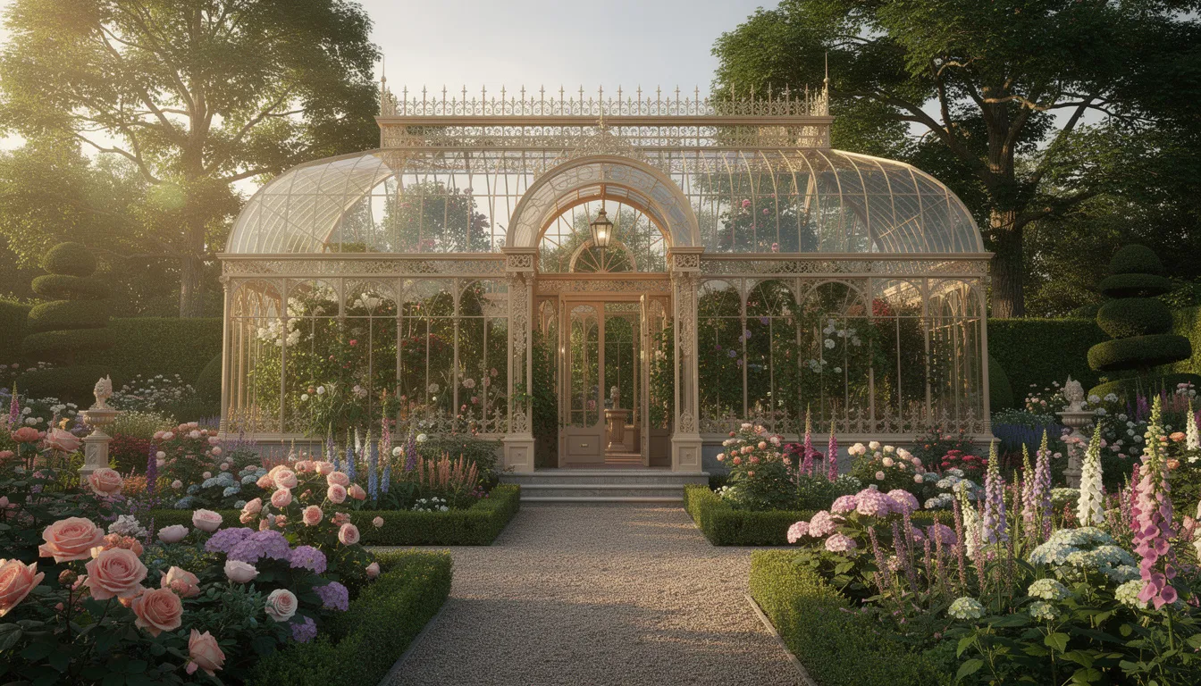 The image depicts a stunning Victorian greenhouse with ornate details, featuring a steep roof pitch and constructed from timber and glass, nestled in a vibrant garden filled with a variety of plants and flowers. This attractive glasshouse showcases quality craftsmanship and is designed to provide excellent light transmission, creating an ideal environment for nurturing a diverse collection of greenery.