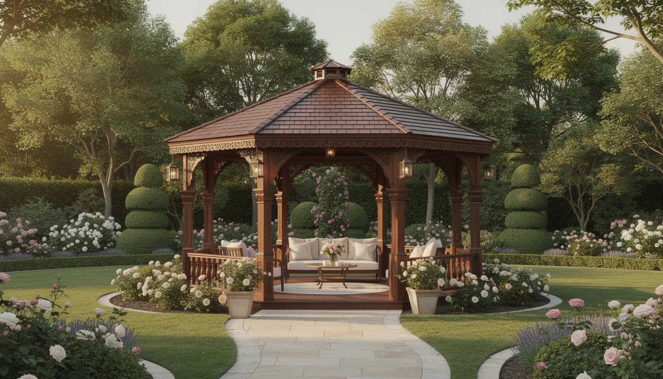 The image features a luxury wooden gazebo nestled in an elegant garden setting, designed for modern outdoor living. This inviting outdoor space includes a corner sofa, cushions, and a coffee table, creating a perfect private retreat for alfresco dining and relaxation, enhanced by soft furnishings and fairy lights.