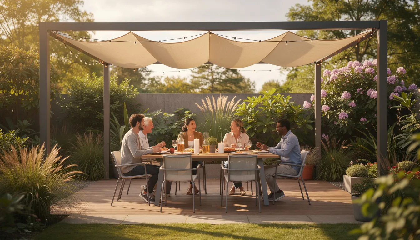 A modern garden canopy elegantly covers an outdoor dining area where people are enjoying a meal together. The stylish retractable fabric canopies provide shelter from the sun and potential rain, enhancing the outdoor living experience in this inviting patio space.