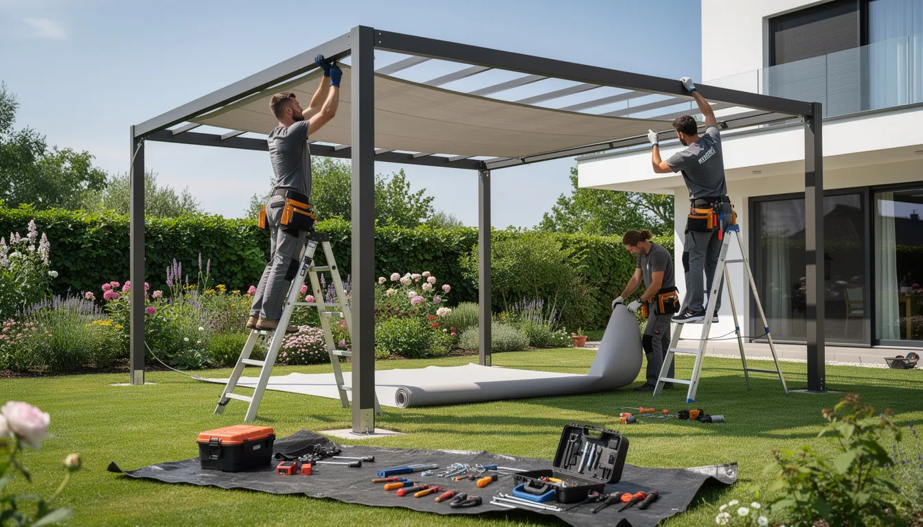 A team of professional installers is assembling a stylish garden canopy structure in an outdoor space, designed to provide shelter and enhance the living space for year-round enjoyment. The retractable fabric canopies will offer protection from sun and rain, creating a versatile area for relaxation and outdoor gatherings.