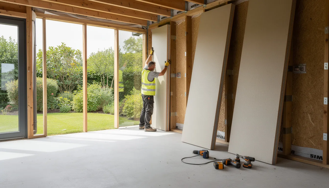 The image depicts a garden room under construction, showcasing the installation of wall panels. This modern composite garden building is designed for year-round use, emphasizing structural integrity and minimal upkeep, making it a perfect choice for homeowners seeking a low maintenance outdoor space.