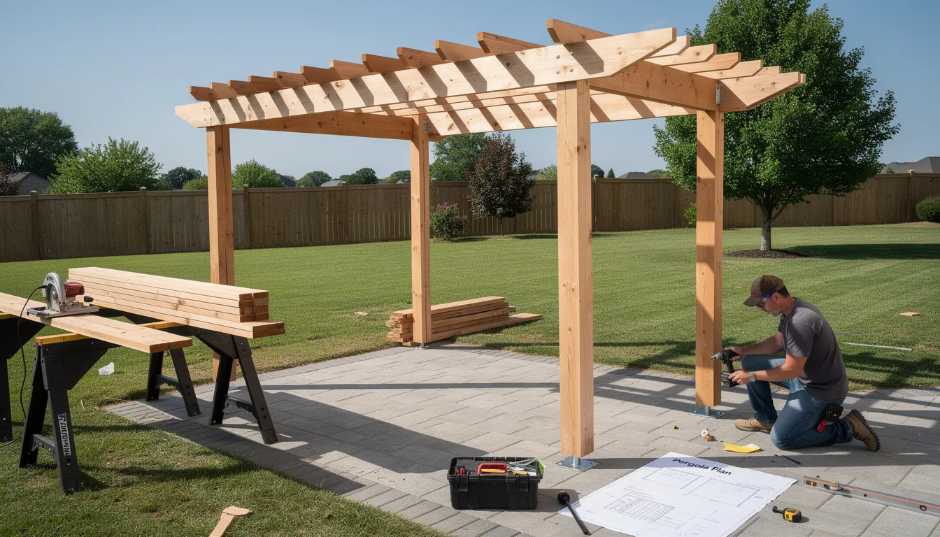 The image depicts a beautifully constructed wooden corner pergola, made from pressure treated timber, providing a strong and sturdy structure for an outdoor space. It features horizontal slatted beams, creating an enchanting focal point for climbing plants and enhancing the garden's natural beauty.