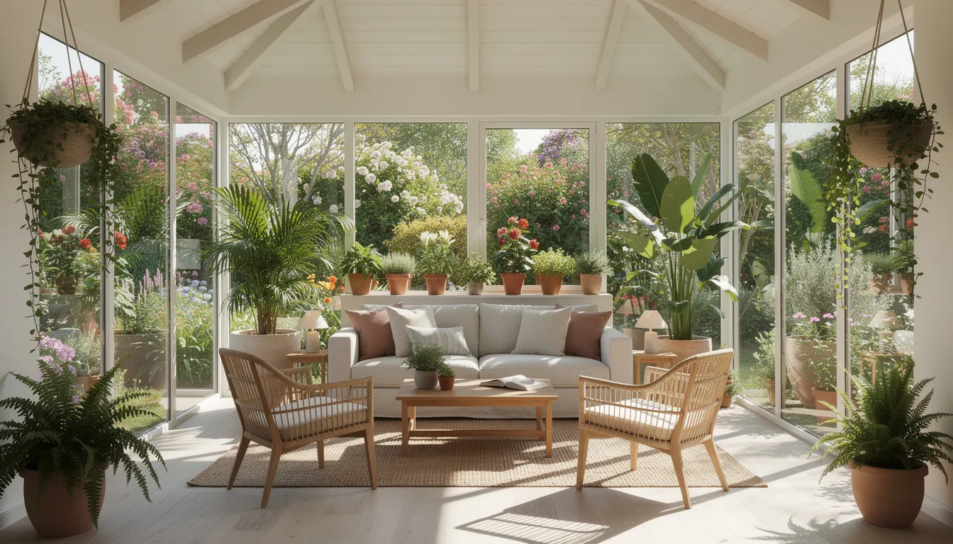 This image depicts a beautifully designed garden room, showcasing high quality materials and large windows that allow for ample natural light. The versatile space can serve as a garden office, hobby room, or entertainment area, perfectly blending with the outdoor space of the backyard.