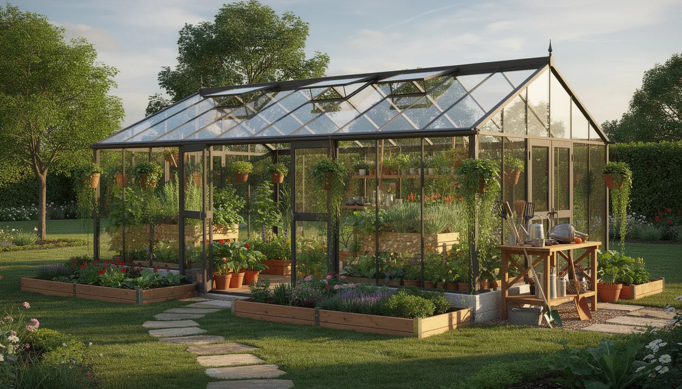 The image depicts a large home garden greenhouse, showcasing a spacious structure made of toughened glass and supported by a solid wooden frame. Inside, various plants, including flowers and vegetables, thrive under the bright light filtering through the roof panels, emphasizing the greenhouse's role in temperature control and creating an ideal environment for growing.