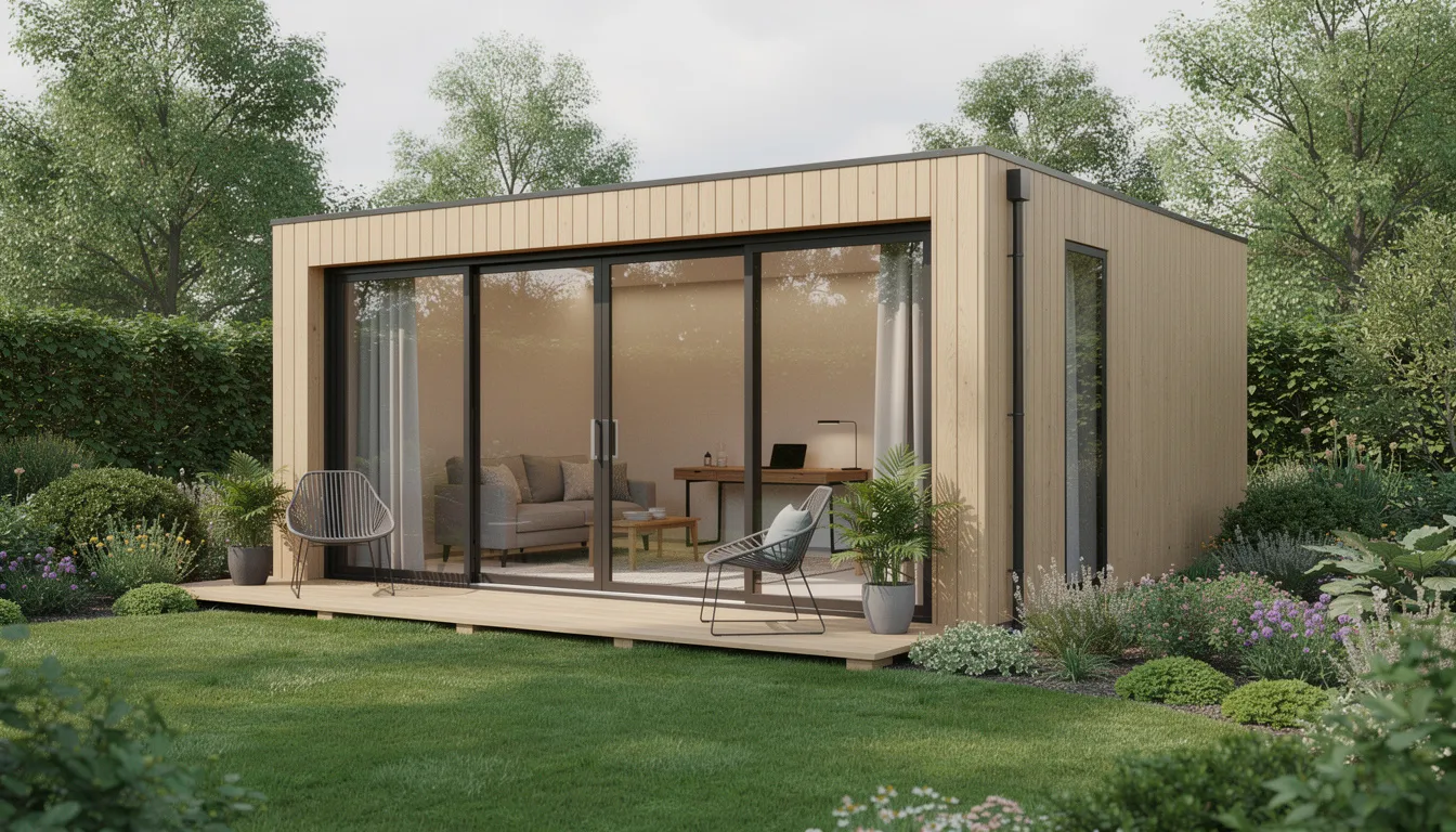 The image depicts a contemporary insulated garden room featuring large glass doors, surrounded by a lush green garden, creating a perfect outdoor space for relaxation or work. This bespoke garden room design allows for ample natural light and year-round comfort, ideal for use as a garden office or private gym.