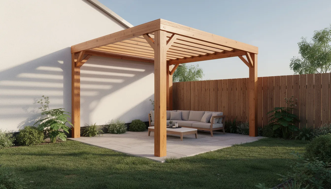 The image features a wooden corner pergola made from pressure treated timber, designed to enhance an outdoor space with its strong and sturdy structure. It showcases smooth planed timber posts and horizontal slatted beams, creating an enchanting focal point for climbing plants and outdoor living.