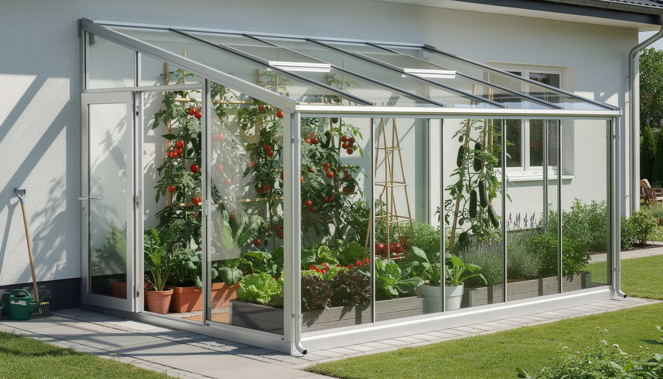 A sunny lean-to greenhouse is attached to the wall of a house, featuring a compact structure made of an aluminium frame and toughened safety glass. Inside, thriving vegetable plants and seedlings are cultivated, benefiting from stable temperature control and easy access to sunlight.
