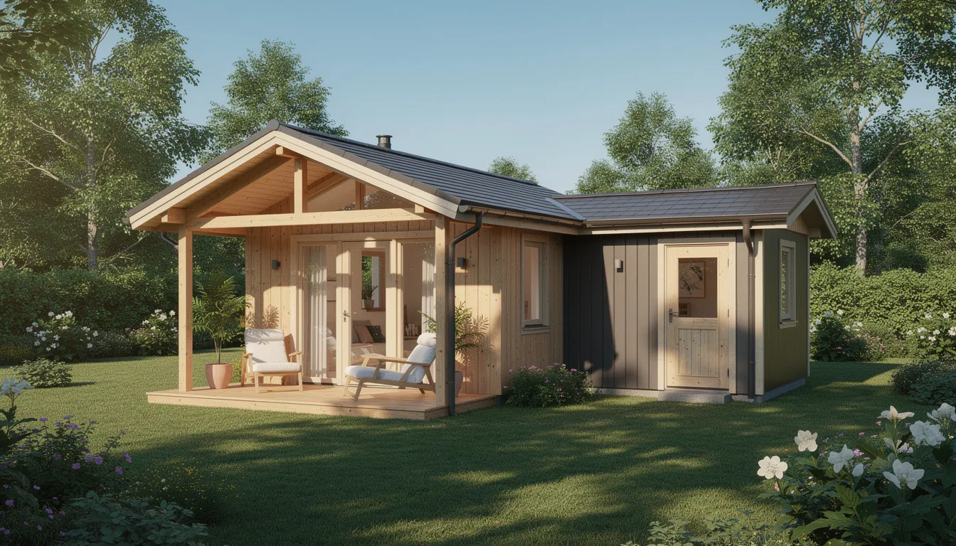 The image features a stunning summerhouse with an attached side shed, designed for practical storage of garden tools and equipment. This modern garden building boasts double doors and ample space, making it a perfect addition to any outdoor area for relaxation or as a hobby room.