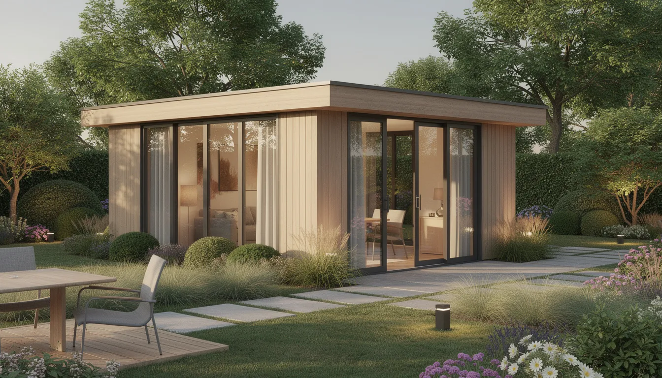 A modern garden room featuring large windows is nestled within a beautifully landscaped garden, offering a perfect blend of indoor and outdoor space. This insulated garden room, made from low maintenance composite materials, serves as an ideal retreat for work or leisure throughout the year.