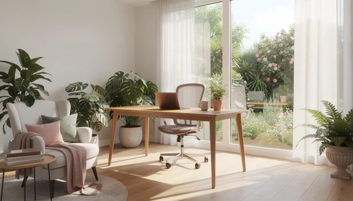 The image depicts the interior of a bright garden room office, featuring a stylish desk and comfortable furnishings that create a perfect space for productivity. This insulated garden room, designed for year-round use, showcases modern aesthetics and low maintenance composite materials, making it an ideal solution for homeowners seeking a serene work-life balance.